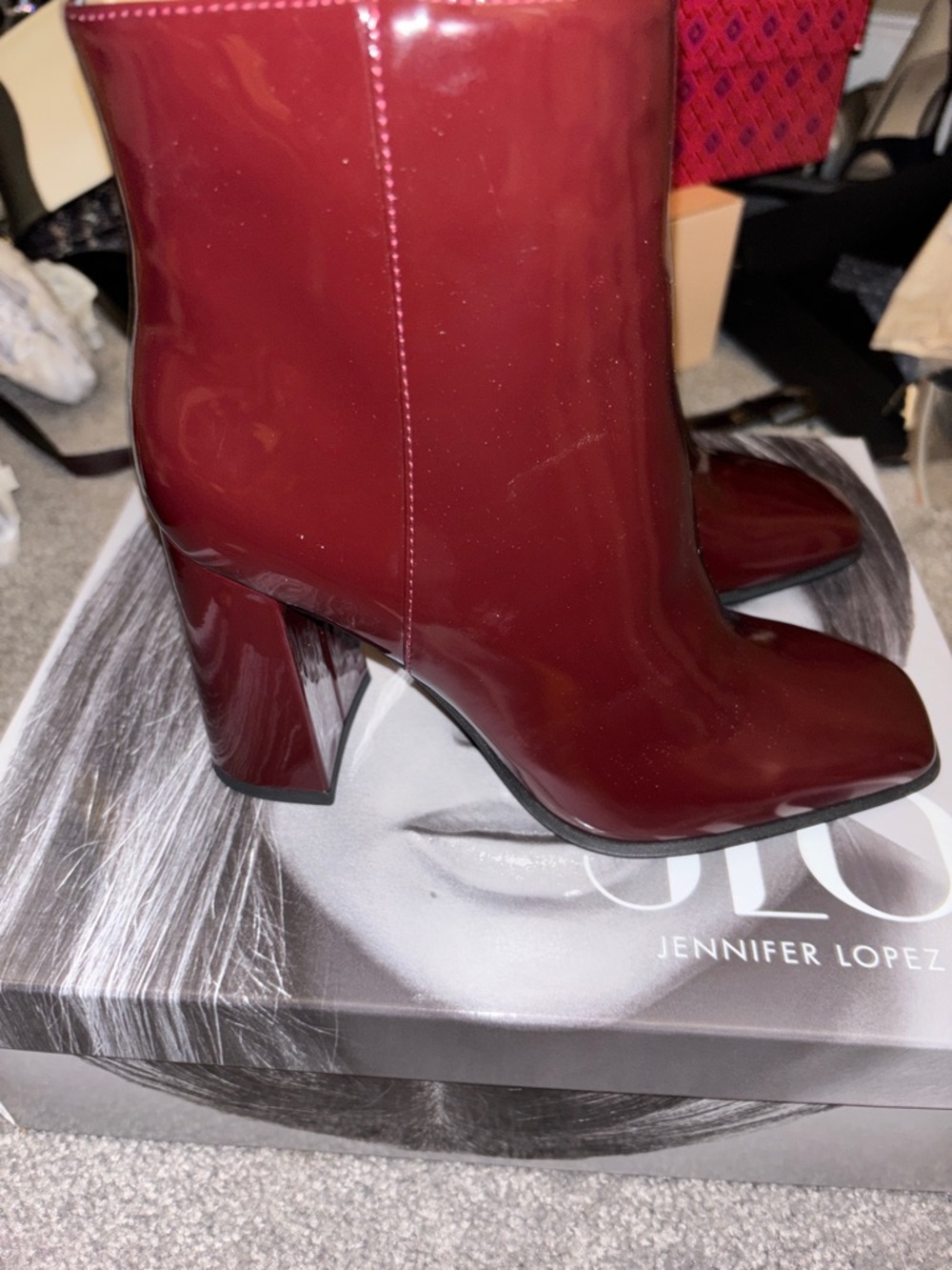 Jennifer Lopez Burgundy Patent Leather Block-Heel Ankle Boots